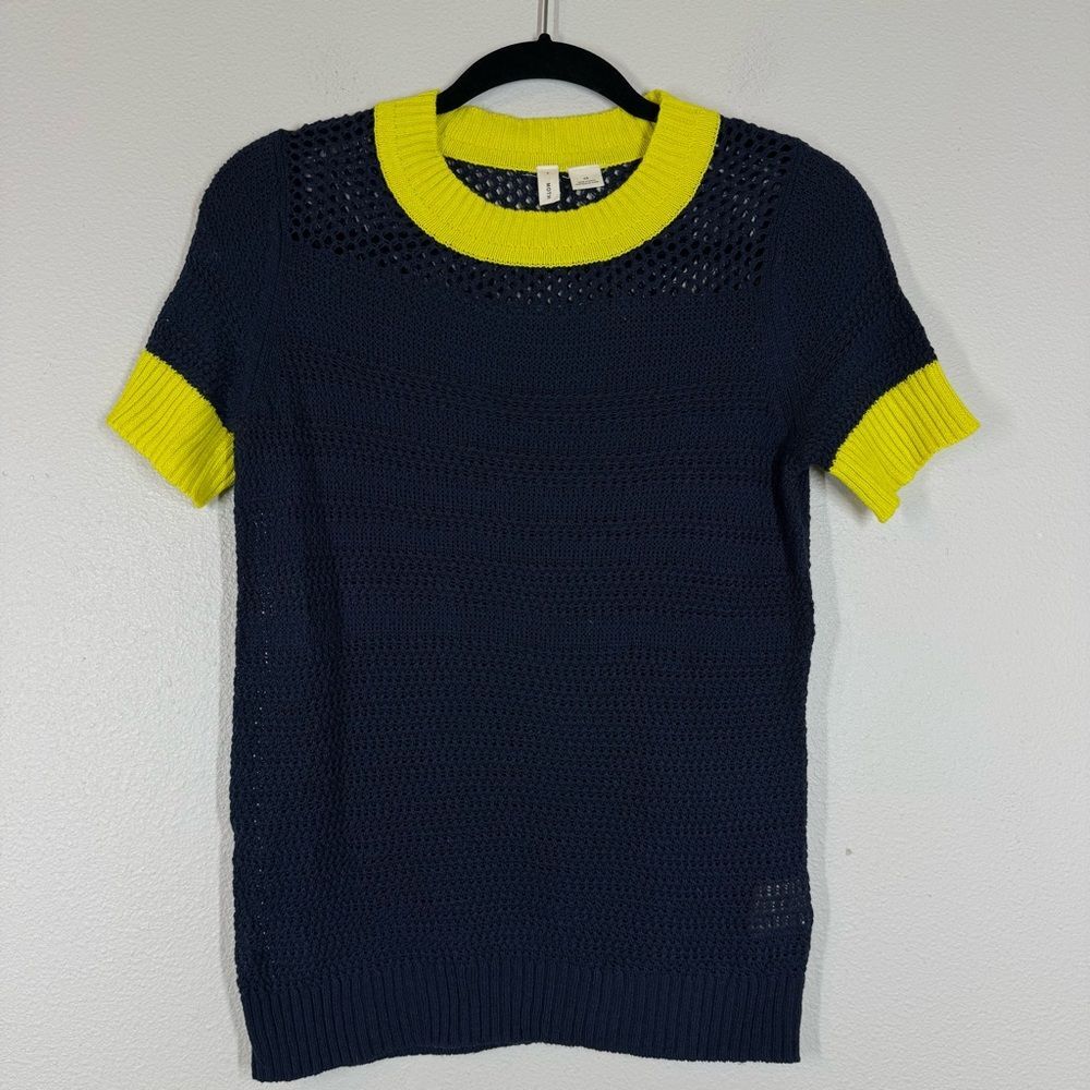 Anthropologie Moth Open Knit Top Ribbed Crew Neck Linen Blend Navy Blue XS